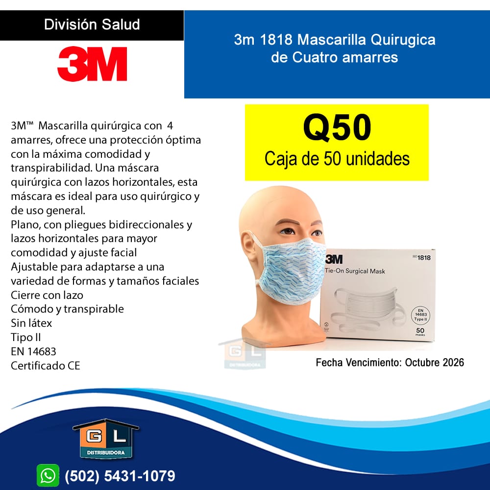 Mascarillas Quirúrgicas 3 pliegues (Uso médico) Caja de 50