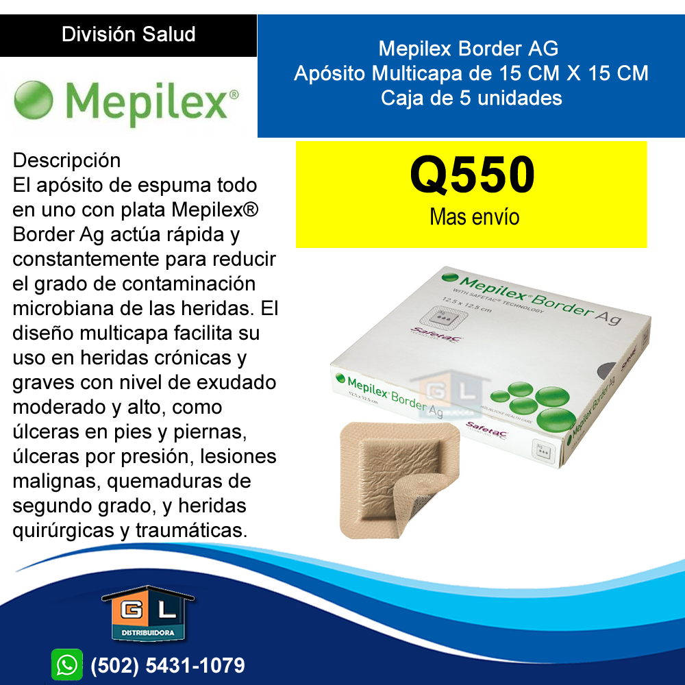 Aposito Multicapa de 15 cms x 15cms - Mepilex Border AG - Caja de 5 unidades - GL DISTRIBUIDORA